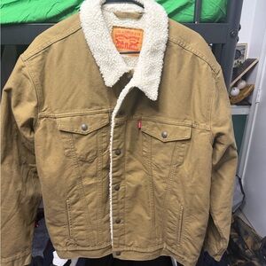 Levi's Khaki Denim Jacket with White Sherpa Collar